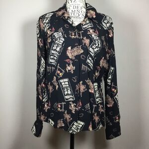 Black button down classic western Wild West pattern shirt rodeo Jesse James sz L